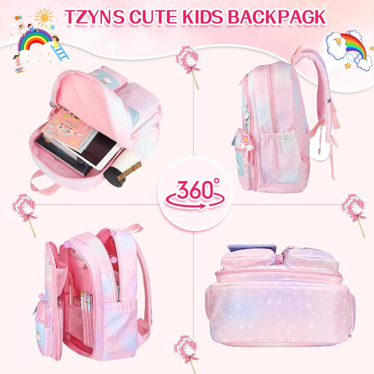 Starry Rainbow Backpack Kawaii School Students Backpack Cute Large Capacity Kids Bookbag Multifunction Fashion Casual Laptop Travel Bag For Boy Girl (Pink-17inch)