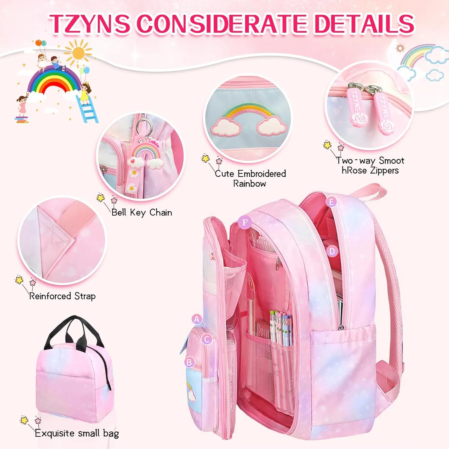 Starry Rainbow Backpack Kawaii School Students Backpack Cute Large Capacity Kids Bookbag Multifunction Fashion Casual Laptop Travel Bag For Boy Girl (Purple-17inch)